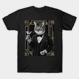 A Confident Cat In A Tuxedo Holding A Martini Glass T-Shirt